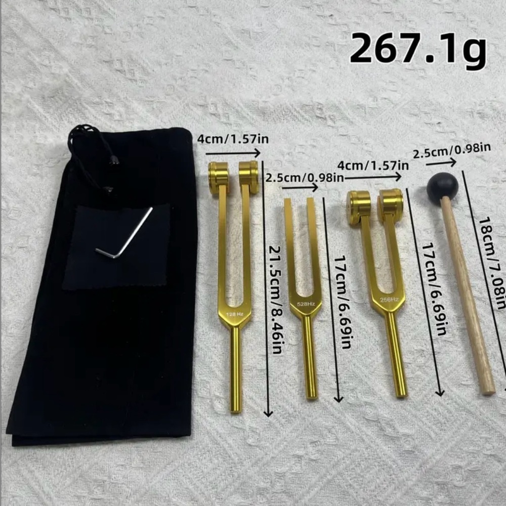 Aluminum Gold Tuning Fork 3 pc Set with Mallet 128Hz, 256Hz, 528Hz combo